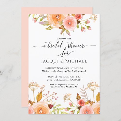 Couples Shower Watercolor Pink Floral Rose Bouquet Invitation