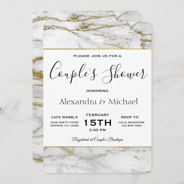 Couple's Shower White & Gold Marble Invitation (Front/Back)