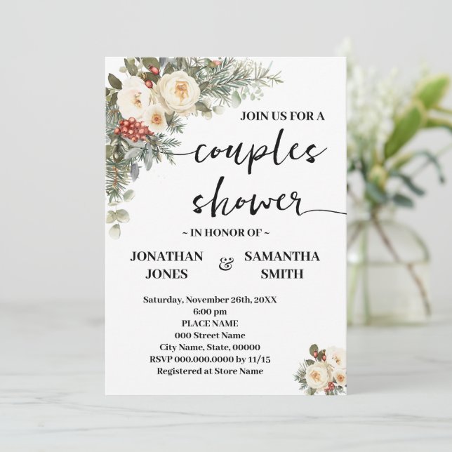 Couples Shower White Winter Flowers Invitation (Standing Front)