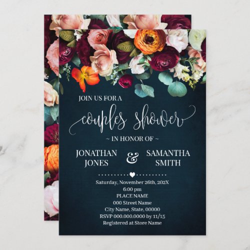 Couples Shower Wine Burgundy Flowers Navy Wedding Invitation