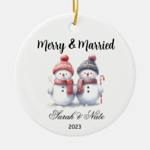 Couples Snowman Merry & Married Wedding Ceramic Ornament