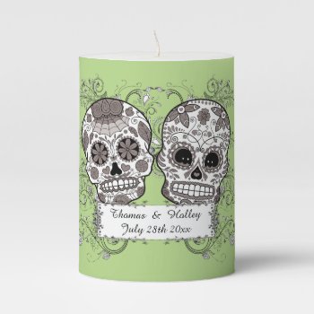 Couples Special Date Wedding Mexican Sugar Skulls Pillar Candle by TattooSugarSkulls at Zazzle