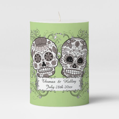 Couples Special Date Wedding Mexican Sugar Skulls Pillar Candle
