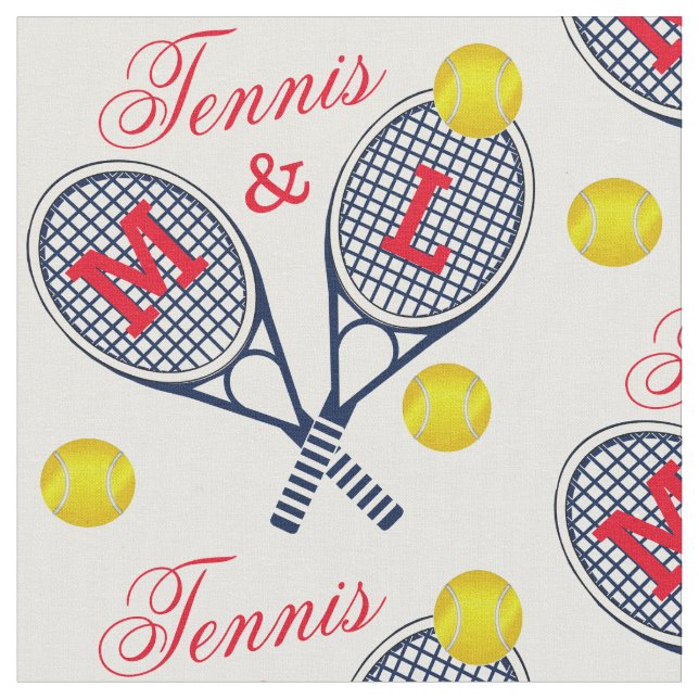 Couples Tennis Rackets and Balls Monogram Fabric (Close Up)