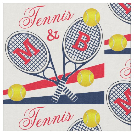 Couples Tennis Rackets and Balls Monogram Stripes Fabric