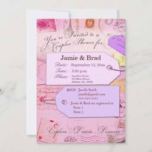 Couples Travel Shower theme in pink and purple Personalized Invitations
