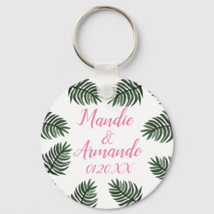 Couples Tropical Greenery Wedding Date Keychain