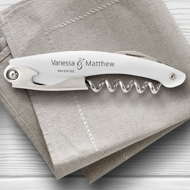 Couple's Wedding Date Modern Minimal Black & White Waiter's Corkscrew (Edit the design to change the primary color, text color and more)