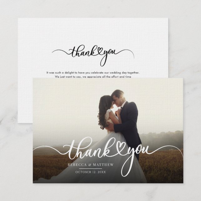 Couples Wedding Day Photo Hand Lettered Thank You Note Card (Front/Back)
