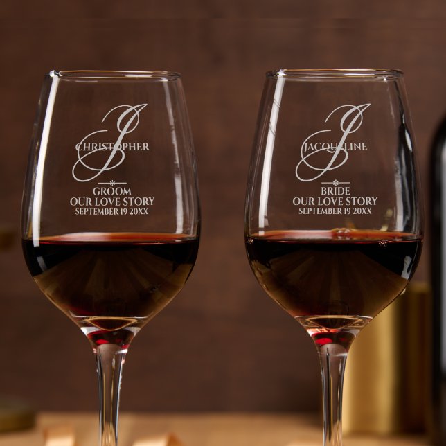 Couple's Wedding Gift LOVE STORY Laser Etched Wine Glass (The Perfect Couple's Wedding Gift: "OUR OVE STORY" Laser Etched Wine Glass.)