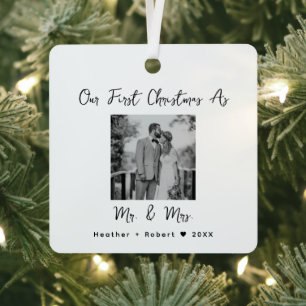 Couples Wedding Gift Our First Christmas Mr & Mrs Metal Ornament