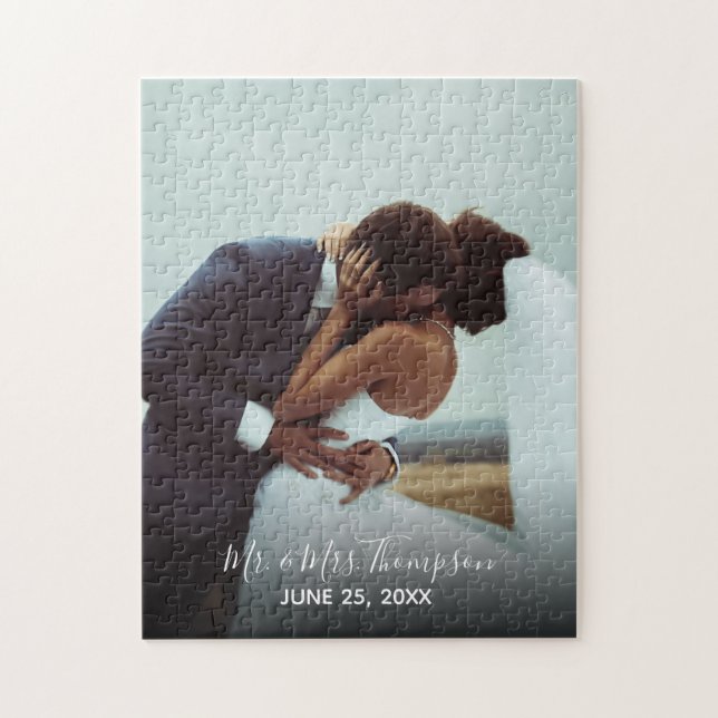 Couples Wedding Photo Mr Mrs Signature Script DIY Jigsaw Puzzle (Vertical)