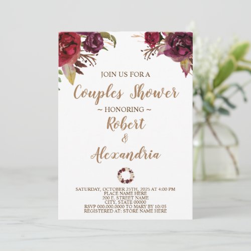 Couples Wedding Shower Burgundy Flowers  Invitation