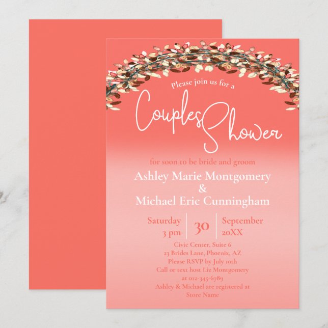 Couples Wedding Shower Chic Living Coral Ombre Invitation (Front/Back)