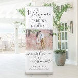 Couples Wedding Shower Elegant Photo Welcome Retractable Banner<br><div class="desc">Welcome guests to a stylish couples bridal shower with an elegant custom photo retractable vertical party banner. Picture and all text are simple to personalize. (IMAGE PLACEMENT TIP: An easy way to center a photo exactly how you want is to crop it before uploading to the Zazzle website.) The modern...</div>