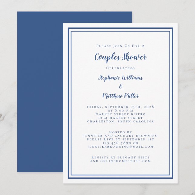 Couples Wedding Shower Engagement Blue White Party Invitation (Front/Back)