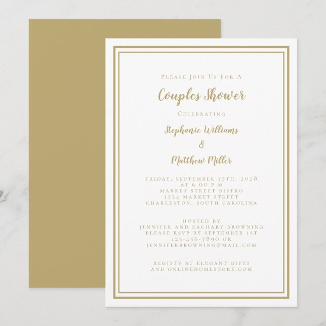 Couples Wedding Shower Engagement Chic Gold White Invitation (Front/Back)