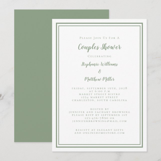 Couples Wedding Shower Engagement Sage Green White Invitation (Front/Back)