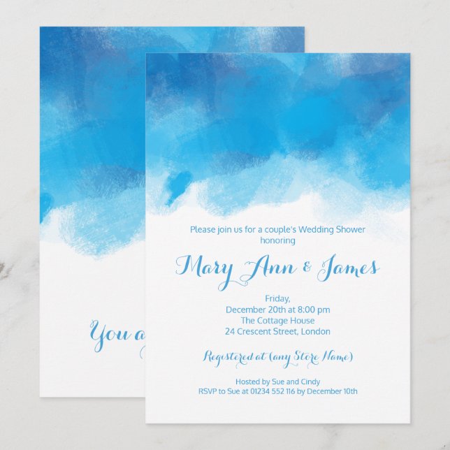 Couple's Wedding Shower Summer Blue Watercolor Invitation (Front/Back)