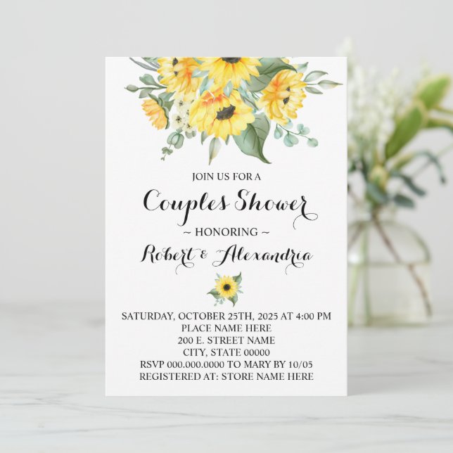 Couples Wedding Shower Sunflowers Greenery Invitation (Standing Front)