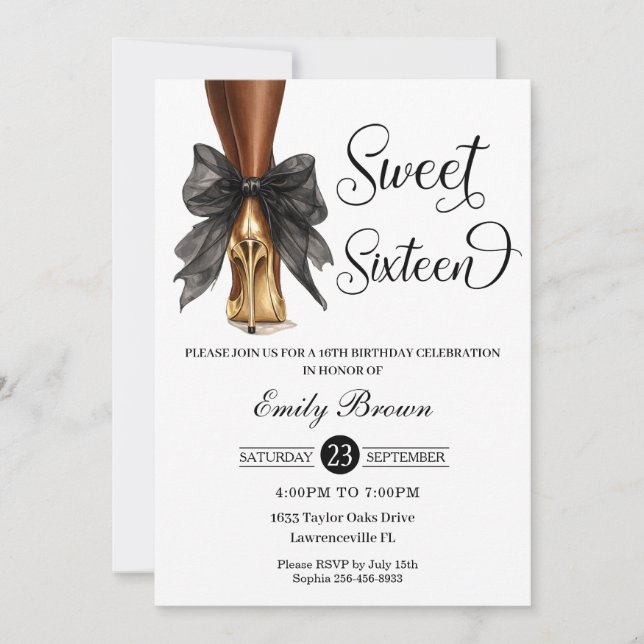 Couquette Black Ribbon Bow Fashion Heels Sweet 16  Invitation (Front)