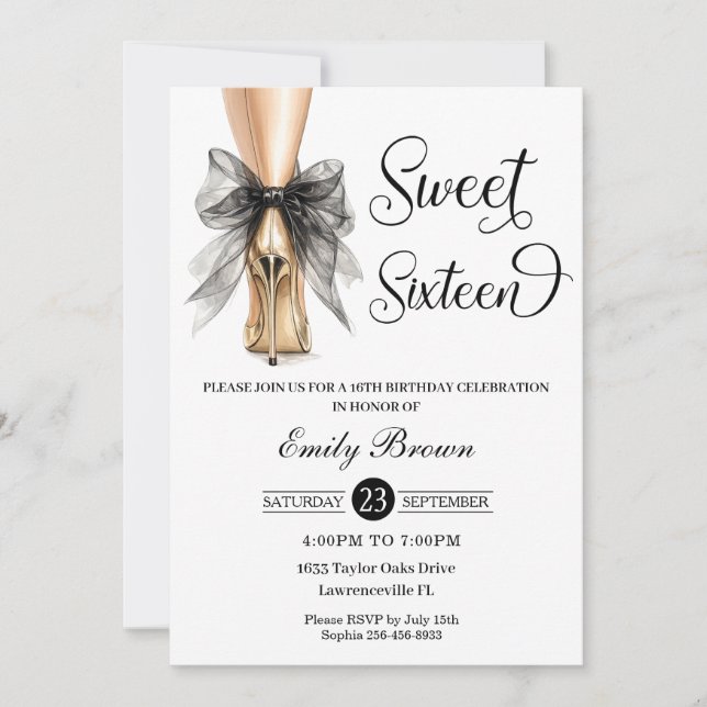 Couquette Black Ribbon Bow Fashion Heels Sweet 16  Invitation (Front)