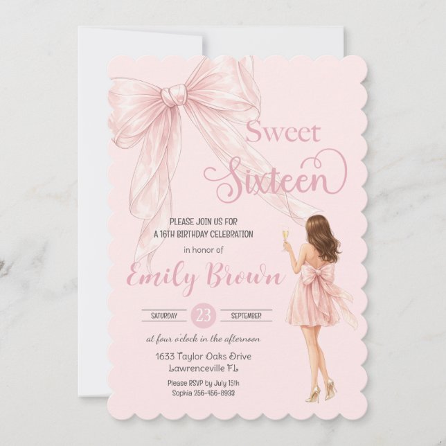 Couquette Blush Bow Brunette Fashion Girl Sweet 16 Invitation (Front)