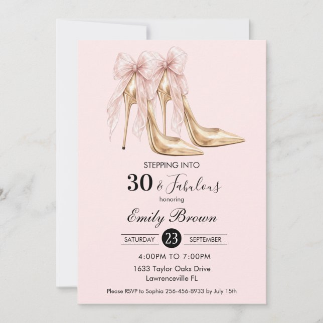 Couquette Blush Bow Fashion Heel 30th Birthday Invitation (Front)