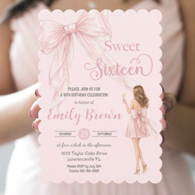 Couquette Blush Ribbon Bow Fashion Girl Sweet 16 Invitation (Creator Uploaded)