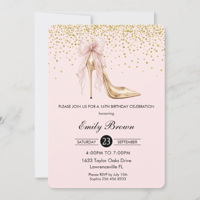 Couquette Blush Ribbon Bow Fashion Heel Sweet 16 Invitation (Front)
