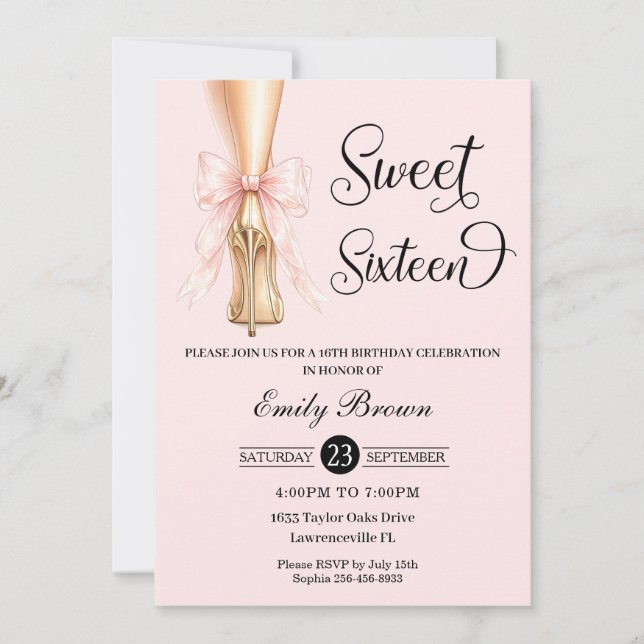 Couquette Pink Ribbon Bow Fashion Heels Sweet 16  Invitation (Front)