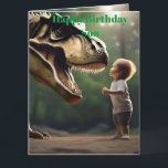 **"Courage Unleashed: A Small Boy Faces the T-Rex" Card<br><div class="desc">Pictured Is A Small Child Confronting A T-rex Dinosaur</div>
