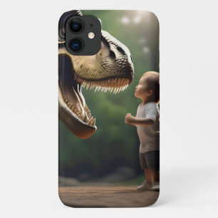 **"Courage Unleashed: A Small Boy Faces the T-Rex" iPhone 11 Case
