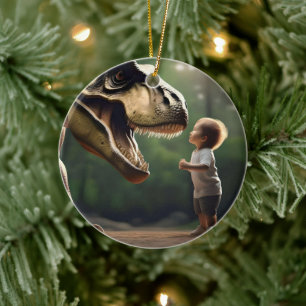 **"Courage Unleashed: A Small Boy Faces the T-Rex" Ceramic Ornament
