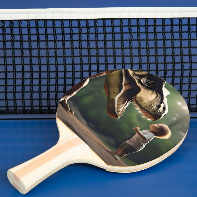 **"Courage Unleashed: A Small Boy Faces the T-Rex" Ping Pong Paddle (Insitu)
