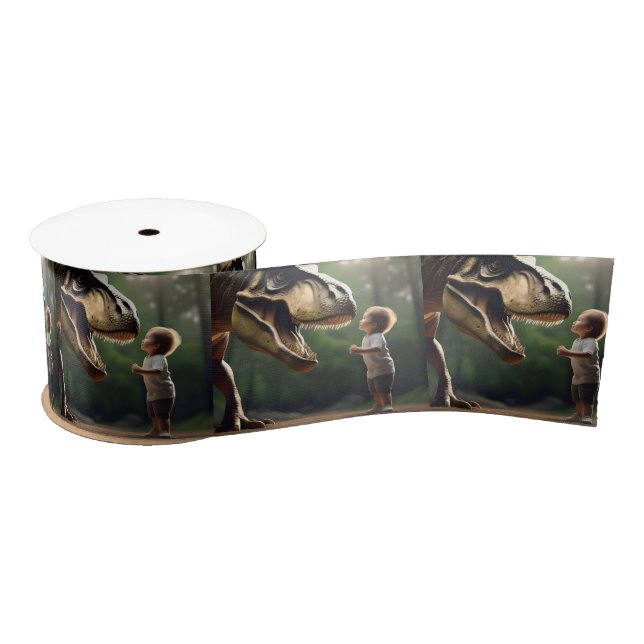 **"Courage Unleashed: A Small Boy Faces the T-Rex" Satin Ribbon (Spool)