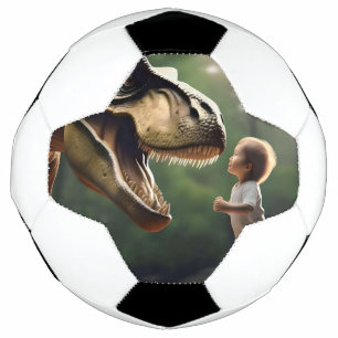 **"Courage Unleashed: A Small Boy Faces the T-Rex" Soccer Ball