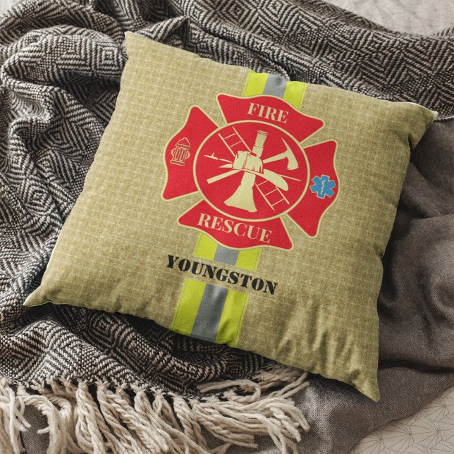 Courageous Firefighter Maltese Cross Design Throw Pillow (Fire Rescue Bunker Gear Maltese Cross Emblem Throw Pillow)