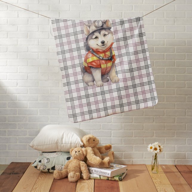 Courageous Firefighter Siberian Husky Dog Honoring Baby Blanket (In Situ)