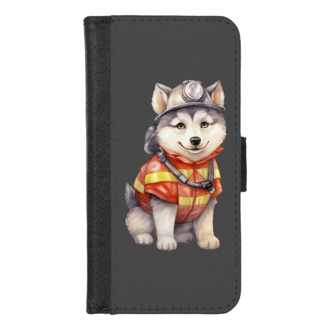 Courageous Firefighter Siberian Husky Dog Honoring iPhone Wallet Case (Front)