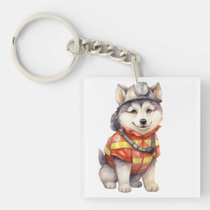 Courageous Firefighter Siberian Husky Dog Honoring Keychain