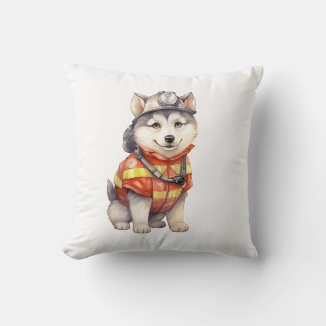 Courageous Firefighter Siberian Husky Dog Honoring Throw Pillow (Front)