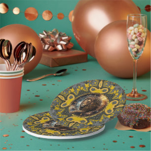 Courageous Leo Zodiac Gold Yellow Fractal Mandala Paper Plates