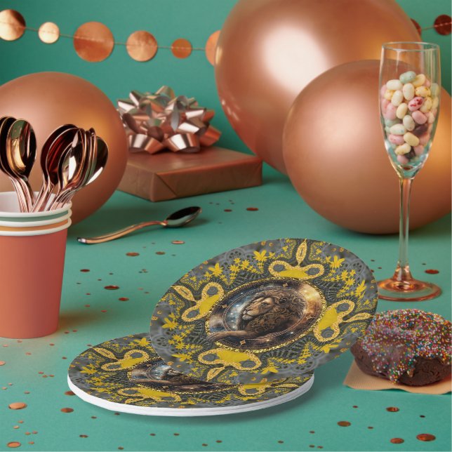 Courageous Leo Zodiac Gold Yellow Fractal Mandala Paper Plates (Multi)