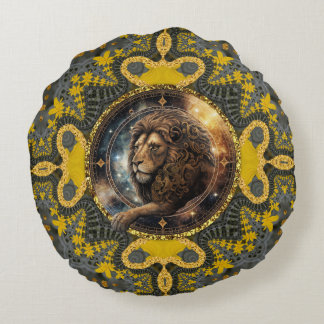 Courageous Leo Zodiac Gold Yellow Fractal Mandala Round Pillow