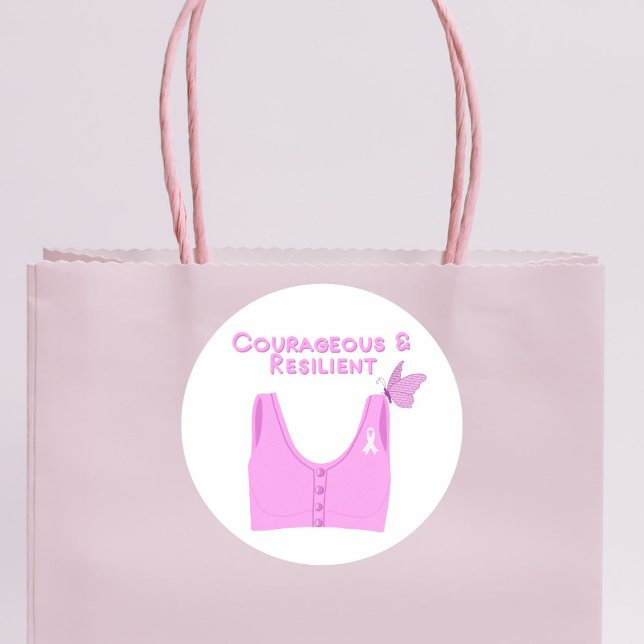 Courageous & Resilient Breast Cancer Bra  Classic Round Sticker (Show your strength and support with this Courageous & Resilient Breast Cancer Bra sticker.)