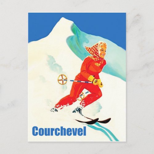 Courchevel woman on ski track France Vintage Postcard