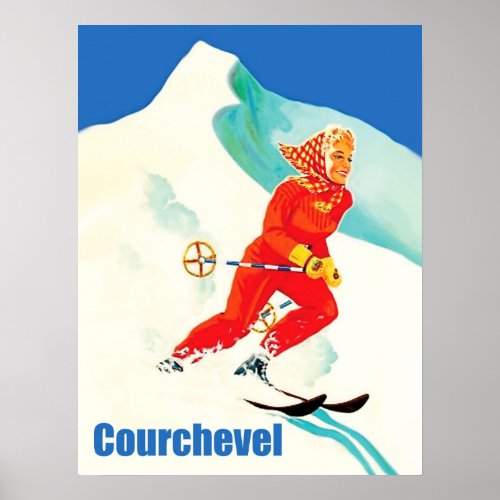 Courchevel woman on ski track France Vintage Poster