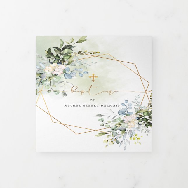 Couronne de Feuillage Aquarelle, Bapteme Tri-Fold Invitation (Cover)