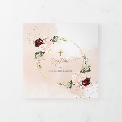 Couronne de Roses Aquarelle Bapteme Tri_Fold Invitation